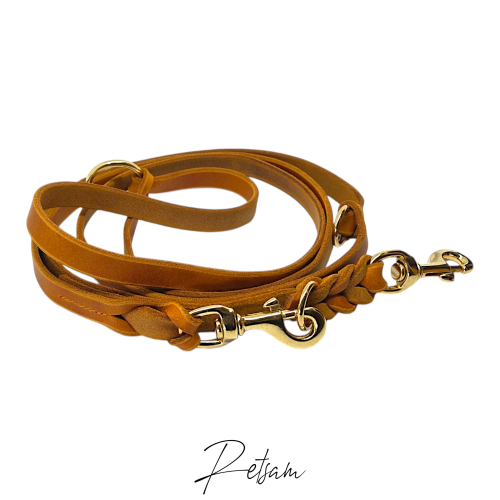 Preview: 3fach verstellbare Fettlederleine, Messing Karabiner
