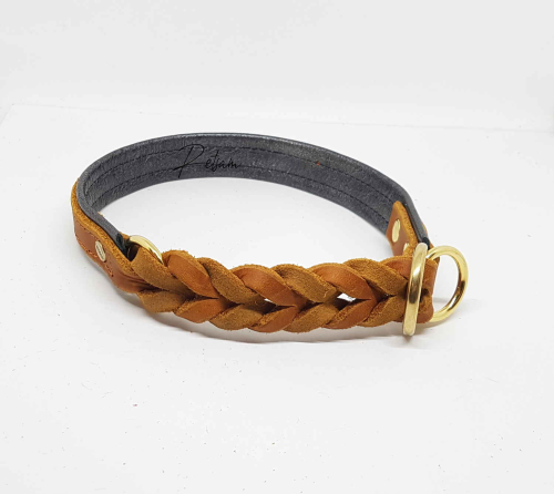 Fettleder Zugstop-Halsband geflochten & unterlegt, EDELSTAHL