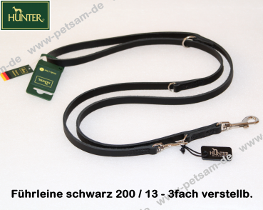 Hunter Lederleine schwarz, 3fach verstellbar, Black Label, 13mm breit, 2m lang