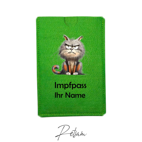 Preview: Impfpass-Hülle Filz Katze Grün / Ihr Name