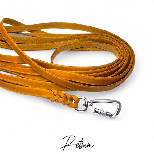 Trailingleine 7,5m Länge Mantrailing Fettleder & Sicherheitshaken Automatik MIT Handschlaufe