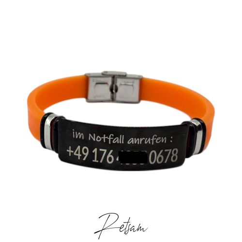 Notfall-Armband "Wunschtext" Edelstahl schwarz / orange