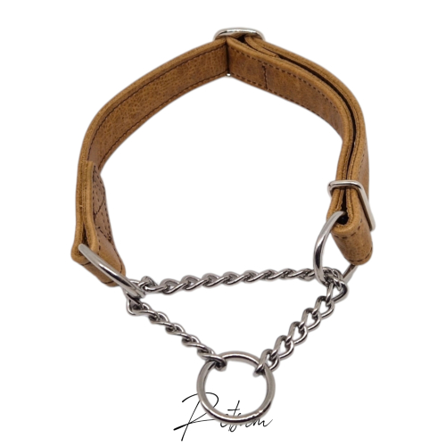 Mittelbraunes Zugstophalsband mit Kette, verstellbar Cognac