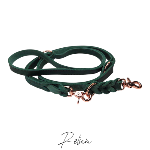 Preview: 3fach verstellbare Fettlederleine, Rosegold SCHERENkarabiner