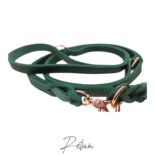 Preview: 3fach verstellbare Fettlederleine, Rosegold SCHERENkarabiner