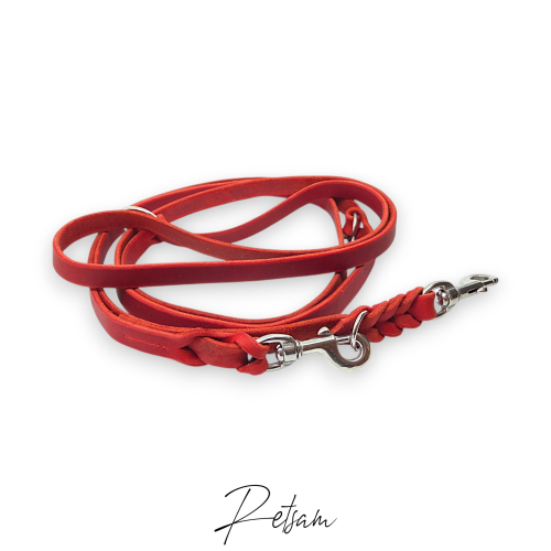 Preview: 3fach verstellbare Fettlederleine, Edelstahl Karabiner