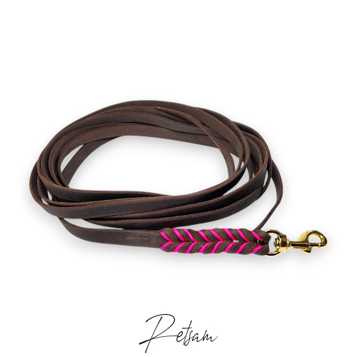 Preview: Paracord Trailingleine 7,5m Länge Fettleder & Messingbeschlag MIT Handschlaufe Mantrailing