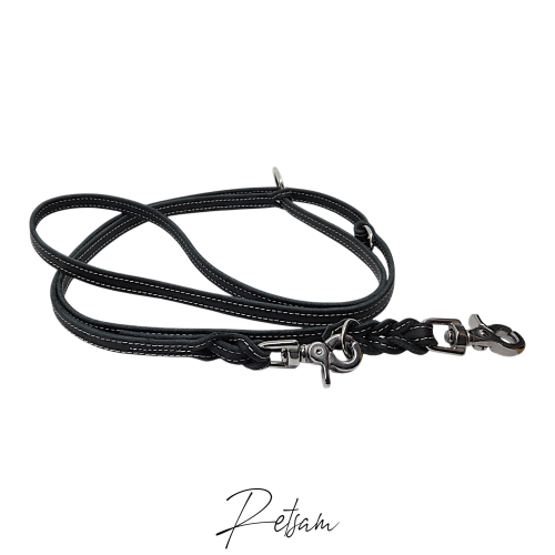 Preview: Fettlederleine *genäht* 3fach verstellbar Edelstahl SCHERENkarabiner *Wunschfarbe*