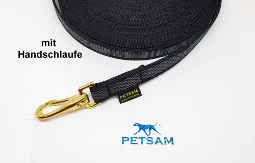 Gummierte Sportleine 5m GENÄHT Messing Zügelhaken mit Handschlaufe eckig