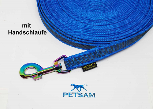 Gummierte Sportleine 20m GENÄHT Regenbogen Karabiner MIT Handschlaufe