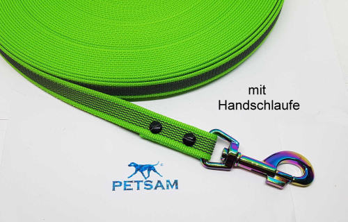 Gummierte Sportleine 10,00m geschraubt Regenbogen Karabiner MIT Handschlaufe Schleppleine