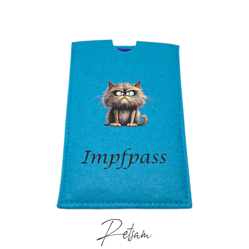 Lustige Impfpass-Hülle Filz Katze Türkis / Personalisierung möglich