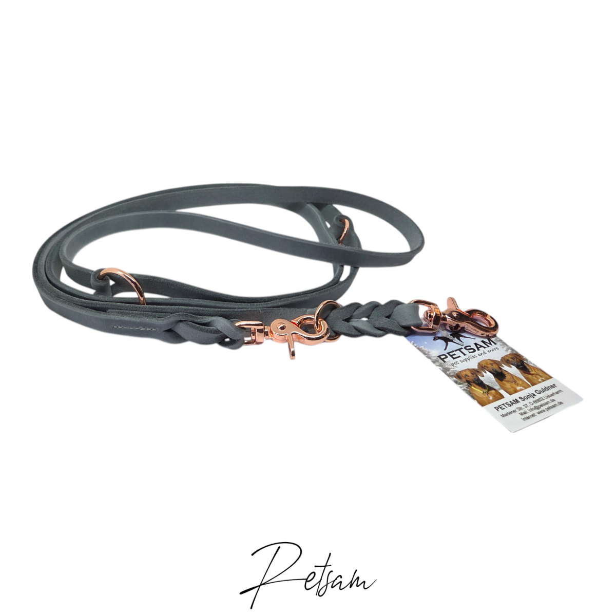 3fach verstellbare Fettlederleine, Rosegold SCHERENkarabiner