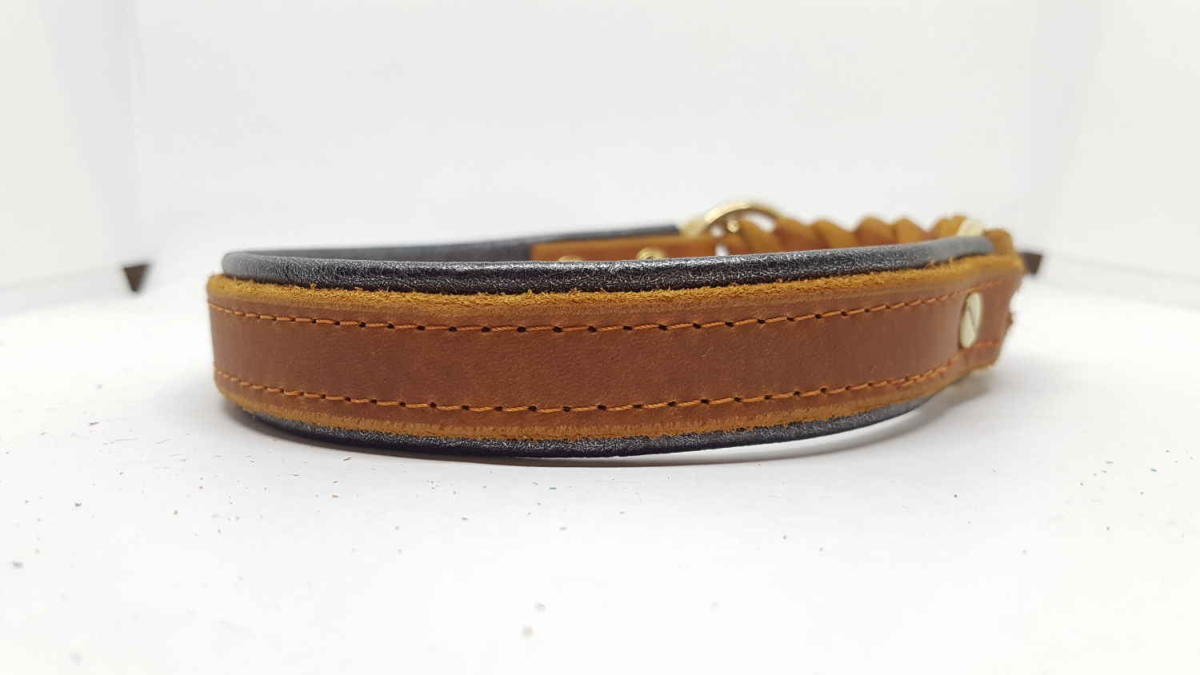 Fettleder Zugstop-Halsband geflochten & unterlegt, EDELSTAHL