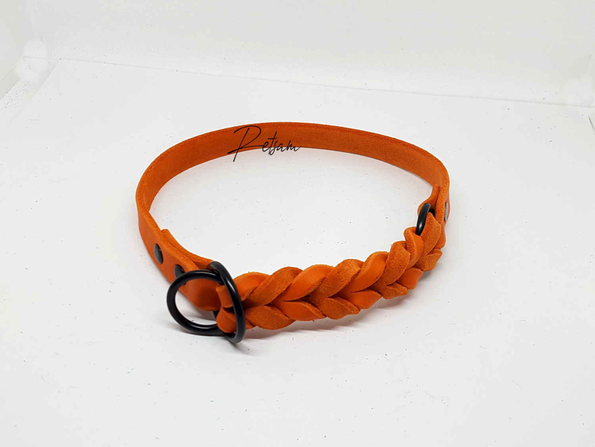 Fettleder Zugstop-Halsband geflochten schwarzer Beschlag - zeitlos