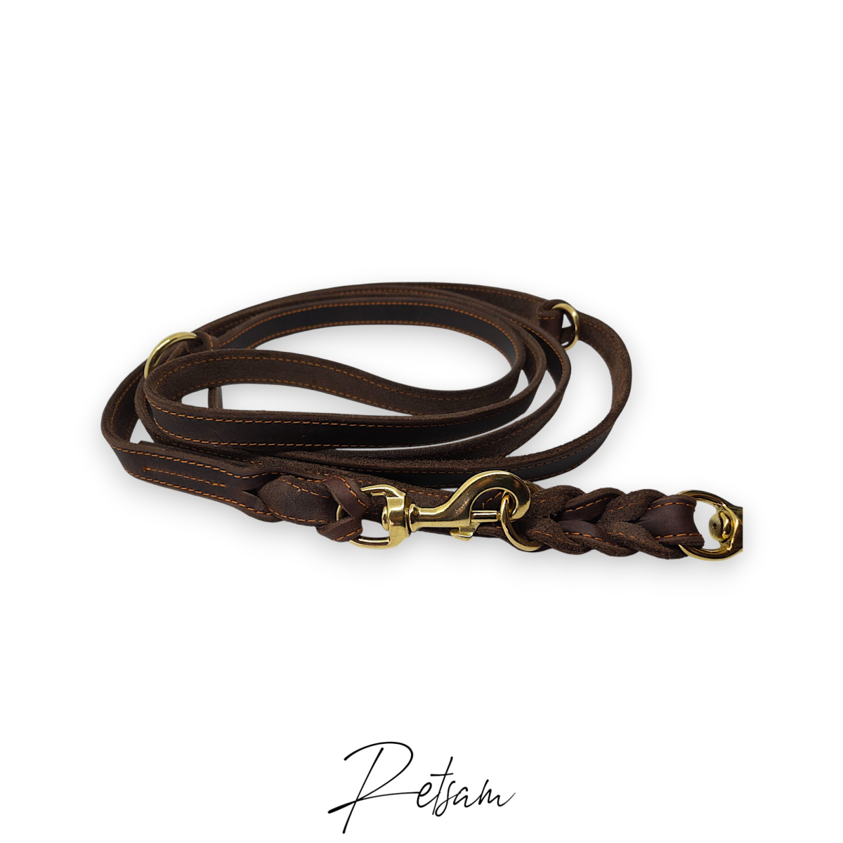 Fettlederleine *genäht* 3fach verstellbar Messing Karabiner *Wunschfarbe*