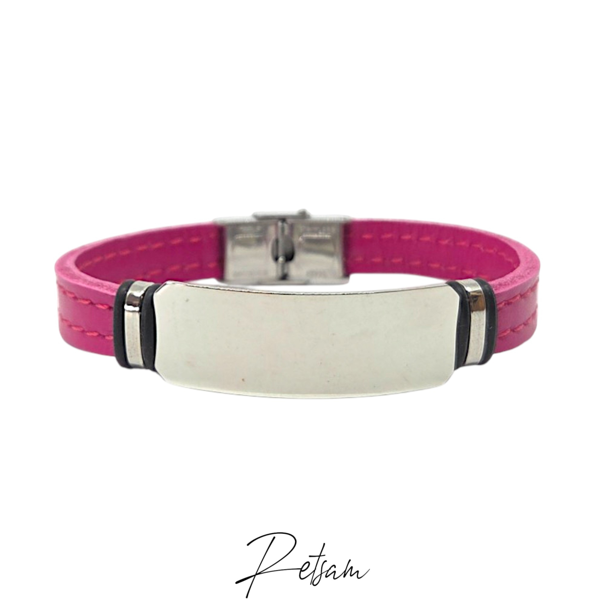 Armband "eigenes Logo / Text" Edelstahl Silber pinkes Lederarmband