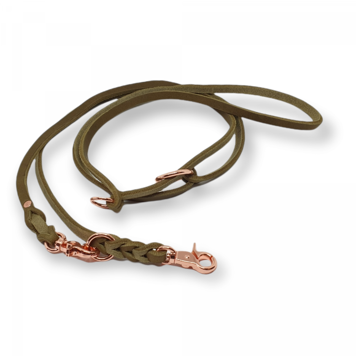 "MINI-Serie" 3fach verstellbare Fettlederleine, Rosegold Scherenhaken 8mm