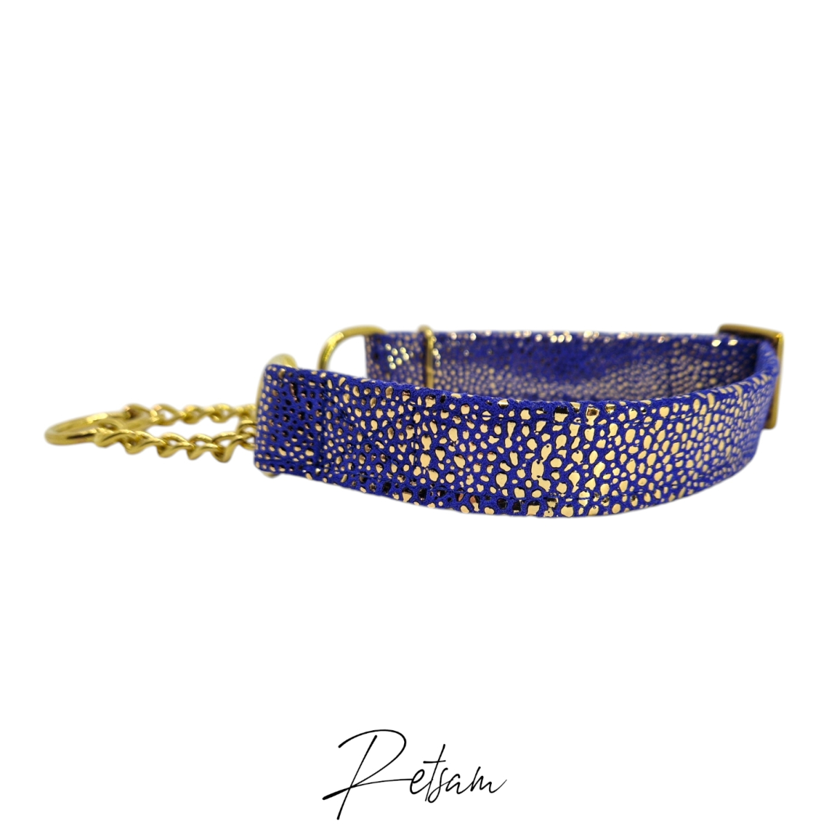 Blaugoldenes Zugstophalsband mit Kette, verstellbar