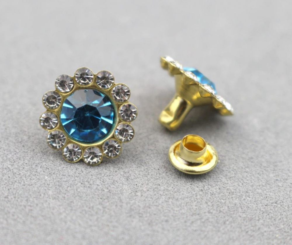 Blumen-Strassnieten Türkis goldene Fassung 11mm (55)