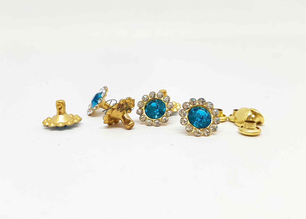 Blumen-Strassnieten Türkis goldene Fassung 11mm (55)