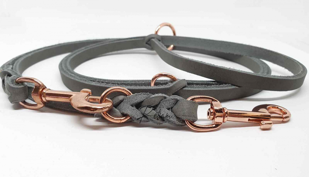 3fach verstellbare Fettlederleine, Rosegold Karabiner