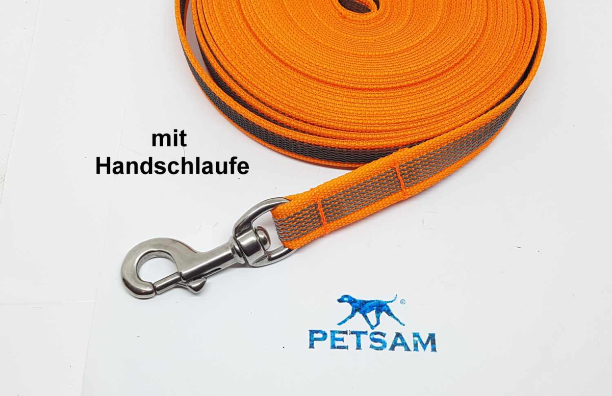 Gummierte Sportleine 20m GENÄHT Edelstahl Karabiner MIT Handschlaufe runde Öse