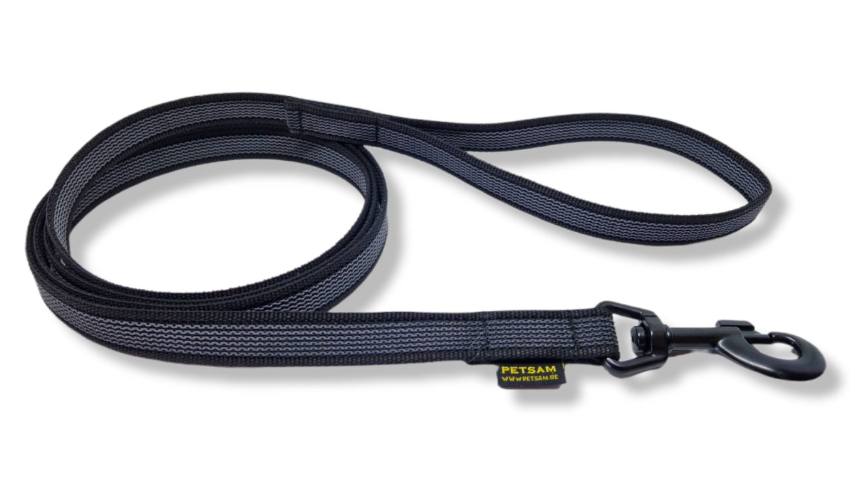 Gummierte Sportleine 1,2m GENÄHT Schwarzer Karabiner MIT Handschlaufe