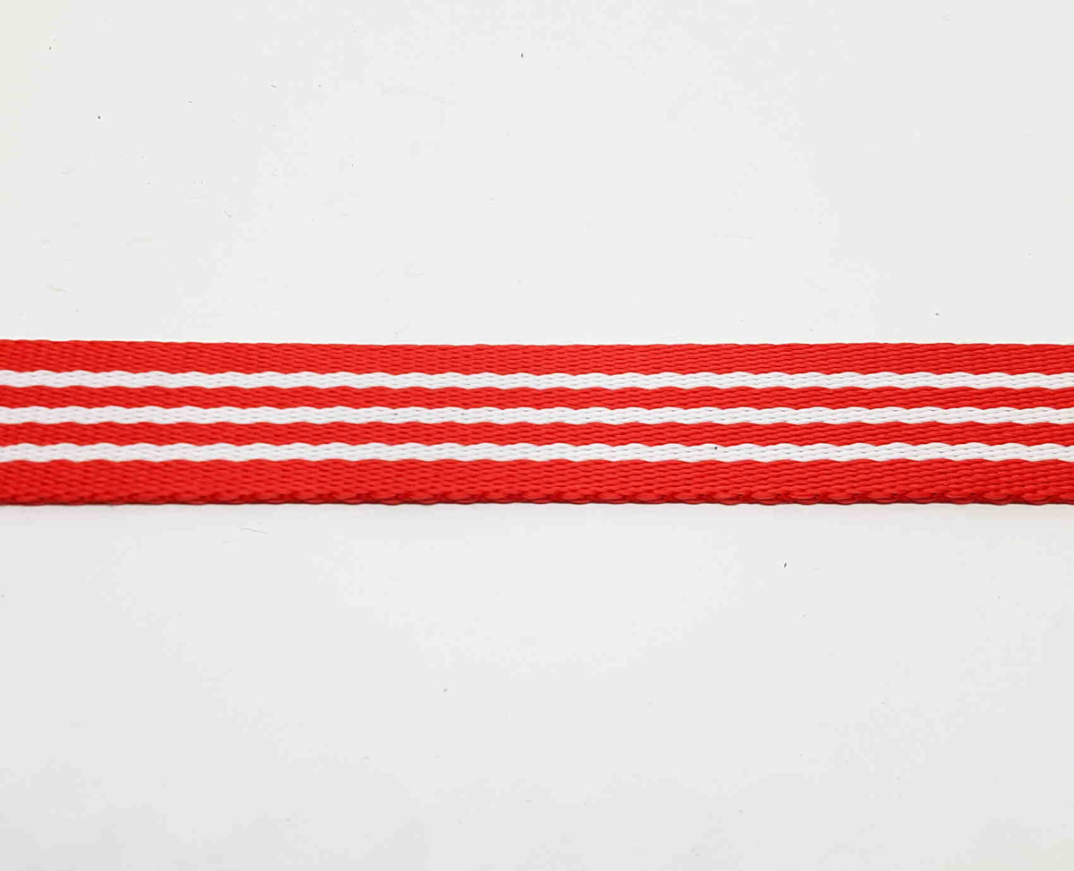 Gurtband Rot mit weißen Streifen 2mm/25mm Meterware