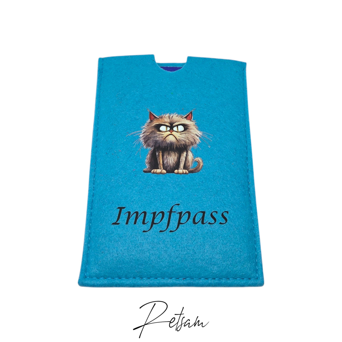 Lustige Impfpass-Hülle Filz Katze Türkis / Personalisierung möglich